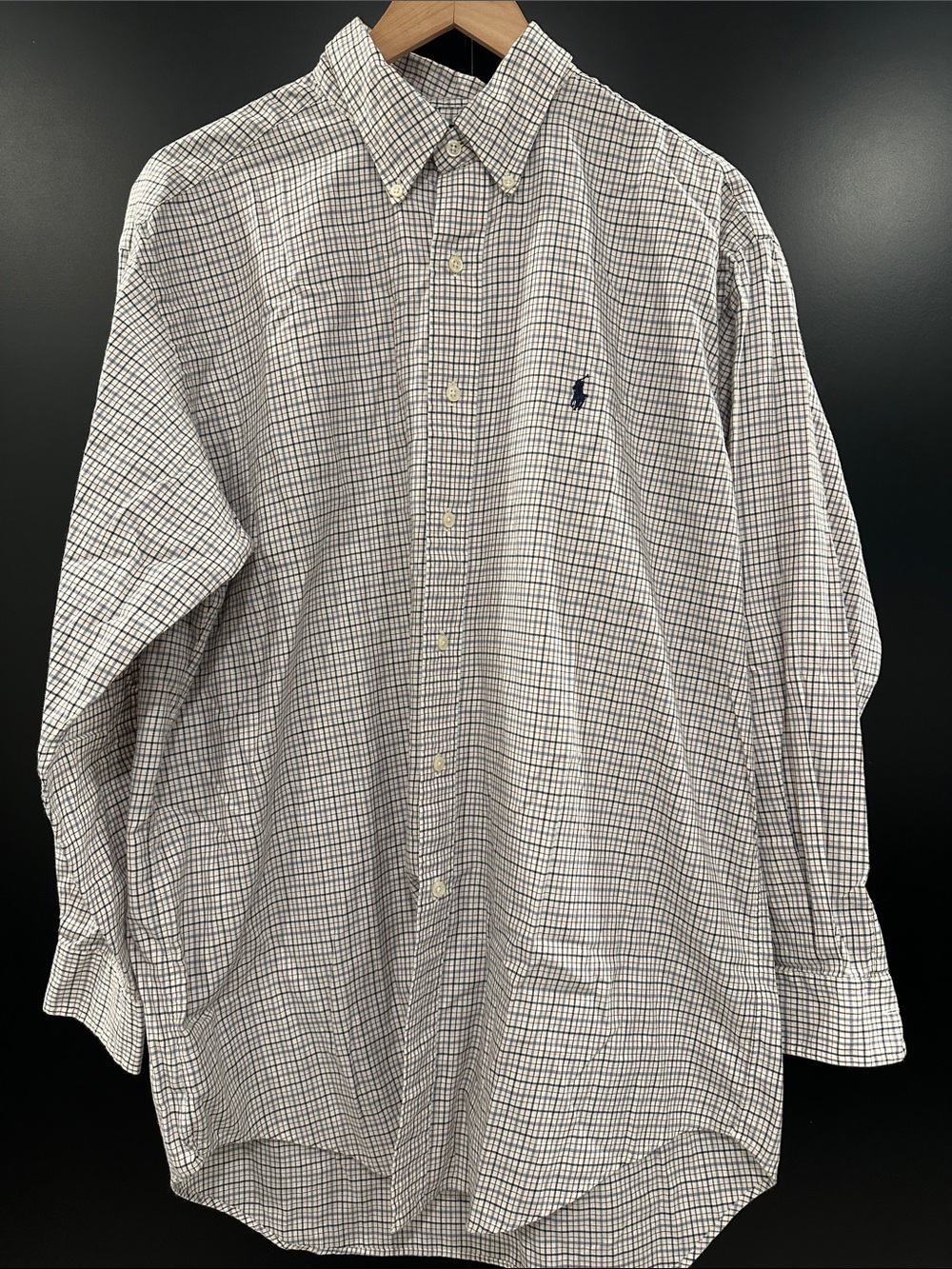 Ralph Lauren Yarmouth Shirt Mens 16.5 32/33 White Plaid Cotton Button Down Navy